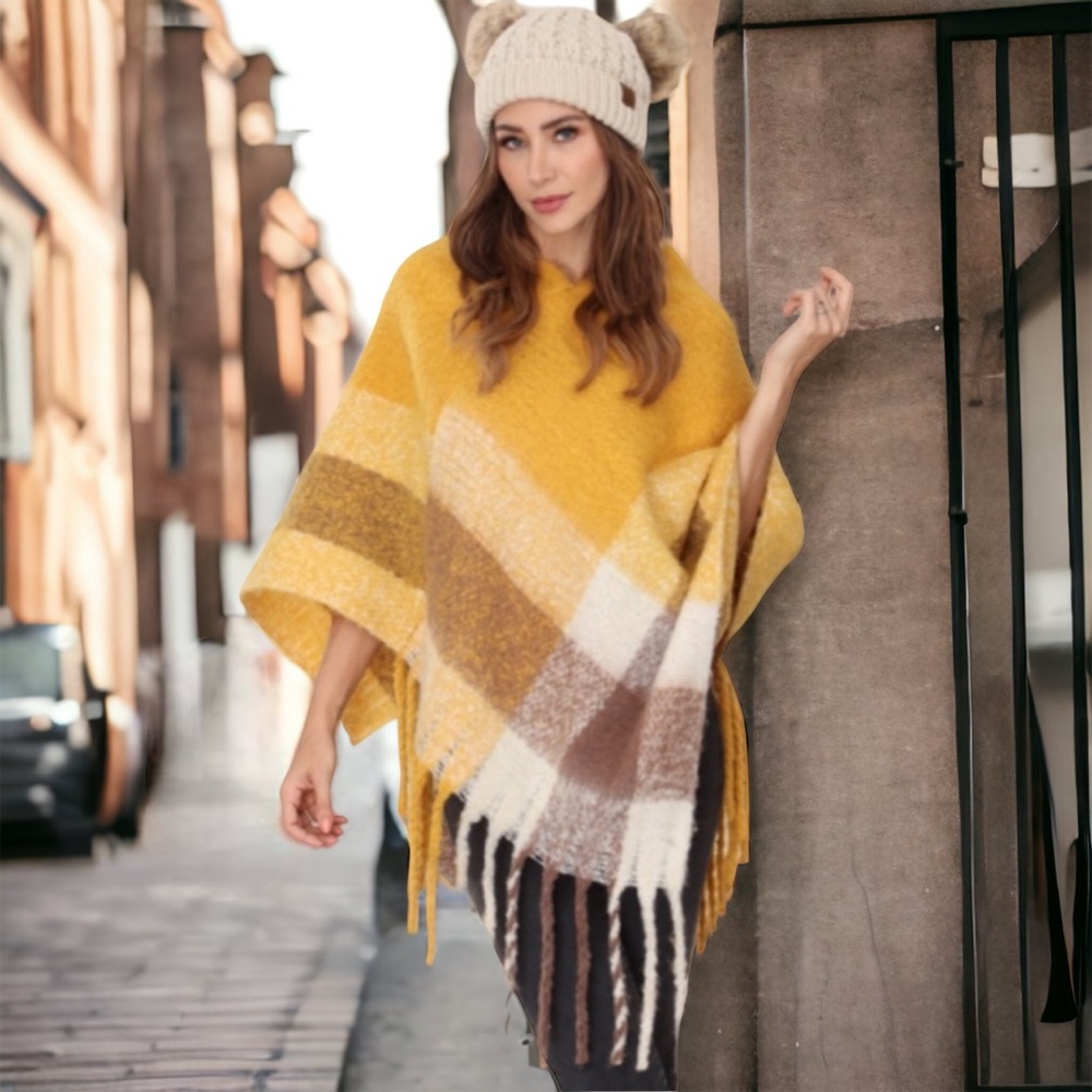 Soft Knit Checker Poncho Mustard Color